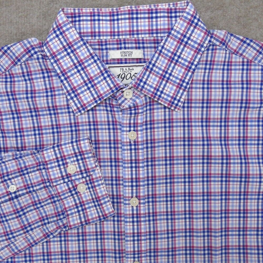 Jos A Bank Button Up Shirt Mens Large Slim Fit Stretch Blue Plaid Long Sleeve